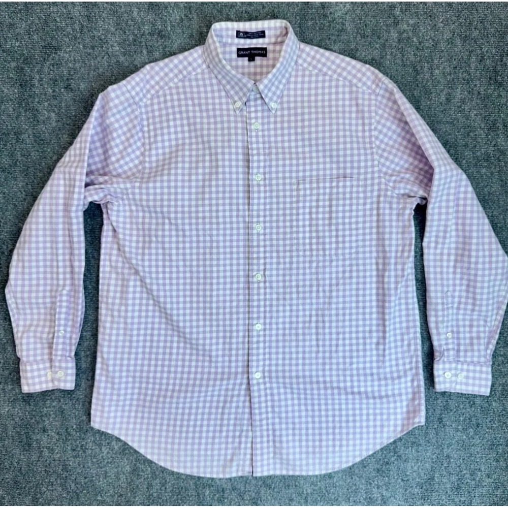 Grant Thomas Button Down Shirt Mens L Purple Gingham Check Long Sleeve Cotton
